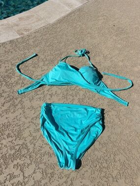 Carmen Marc Valvo Turquoise Tie-Halter Wrap Front Bikini Set